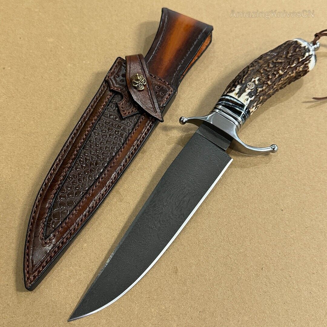 Wootz Steel Survival Bowie Hunting Knife Fixed Blade Stag Horn Handle w/ Sheath - AK-HT0879