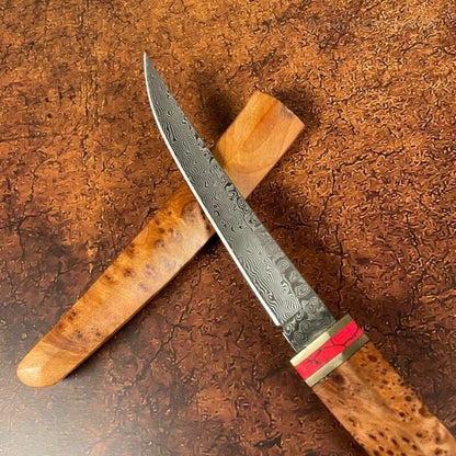 Japanese Style Mini Katana Knife Fixed Blade Damascus Steel Wooden Handle - AK-HT0886-D