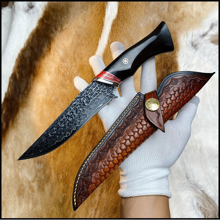 VG10 Damascus Hunting Knife Camping Survival Fixed Blade Bone Ebony Wood Black- AK-HT0370-B