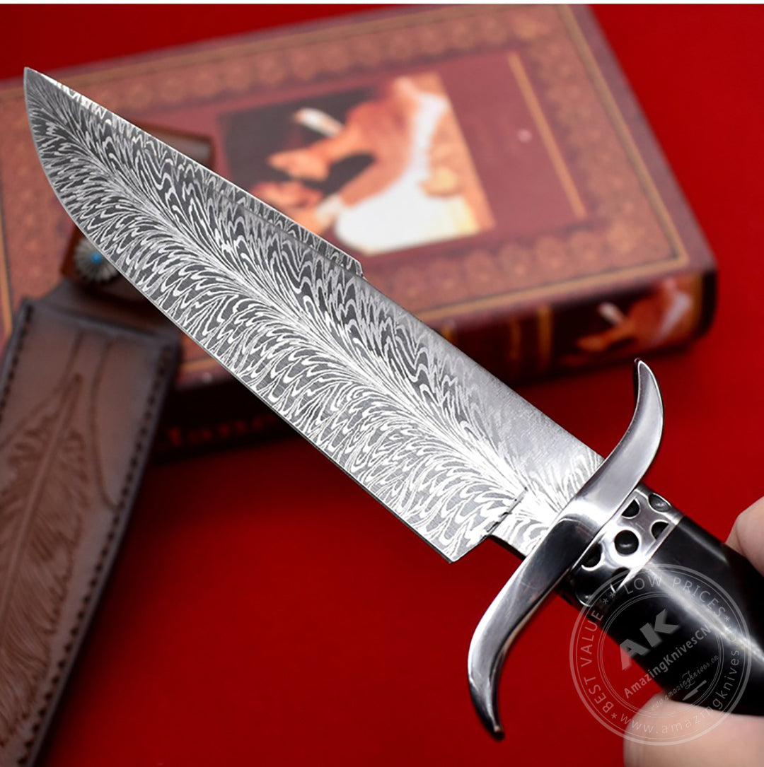 Stainless Steel Hunting Knife Feather Pattern Survival Fixed Blade Bowie - AK-HT0498-B