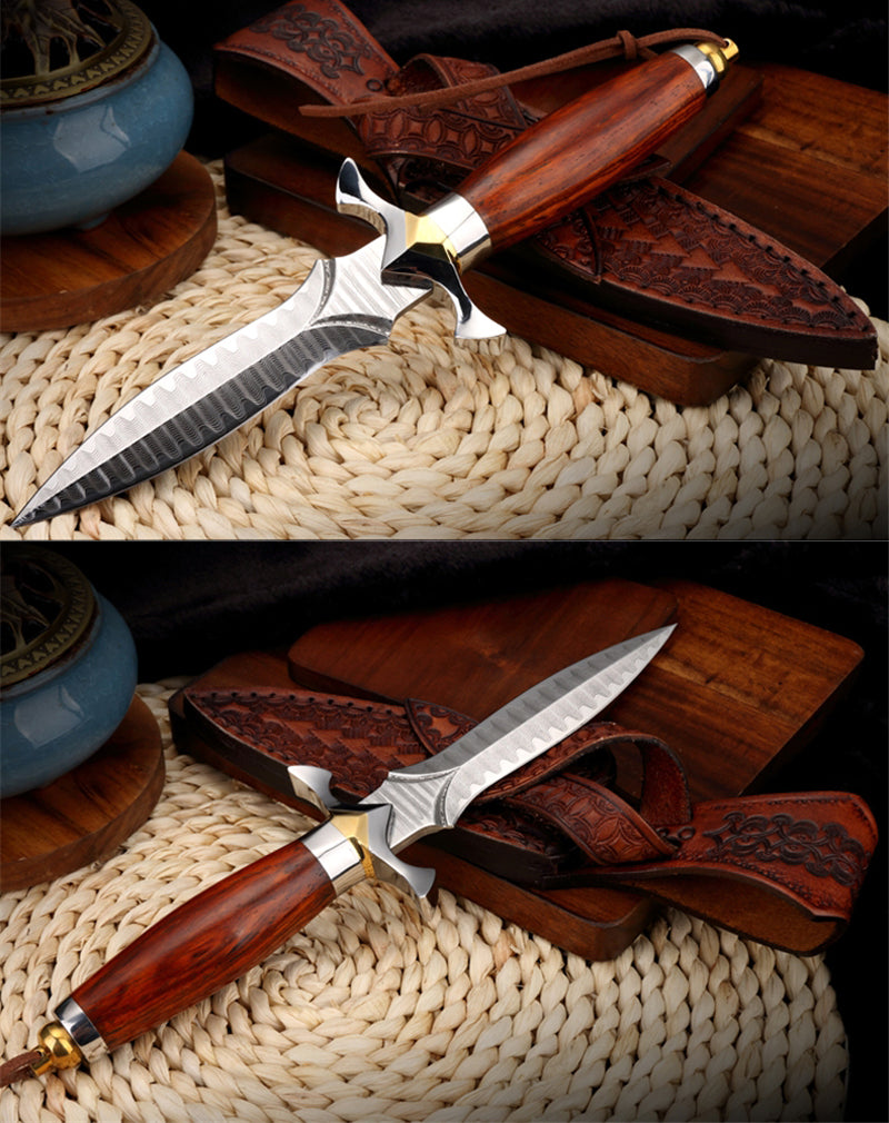 Handmade Dagger M390/Damascus Blade Knife Double Cutting Edge W/ Sheath Wood Edc - AK-HT0613