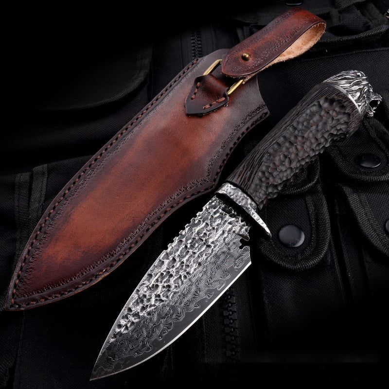 Vg10 Damascus Survival Hunting Knife Fixed Blade Ebony Black Carved Lion Head - AK-HT0614