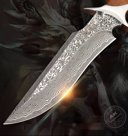 Damascus Steel Hunting Knife Survival Handmade Full Tang Knife Fixed Blade Bowie - AK-HT0765