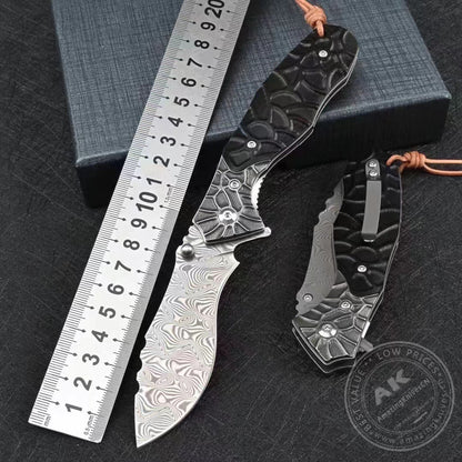 110 Layers Damascus Steel Folding Knife Camping Rescue Pocket Knife w/ Sheath EDC - AK-HT0796