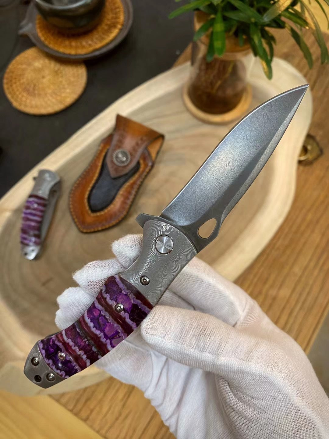Collectible Luxury Handmade Wootz Steel Damacus Folding Knife with Sheath-AK-HT0797