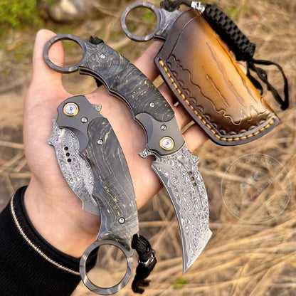 Japanese Damascus Folding Claw Knife Survival Karambit Hunting Ball Bearing with Case- AK-HT0822