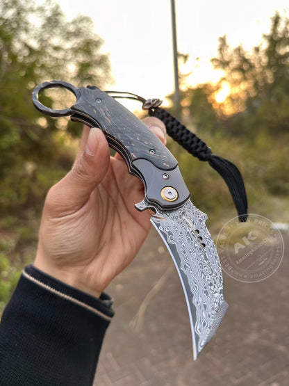 Japanese Damascus Folding Claw Knife Survival Karambit Hunting Ball Bearing with Case- AK-HT0822