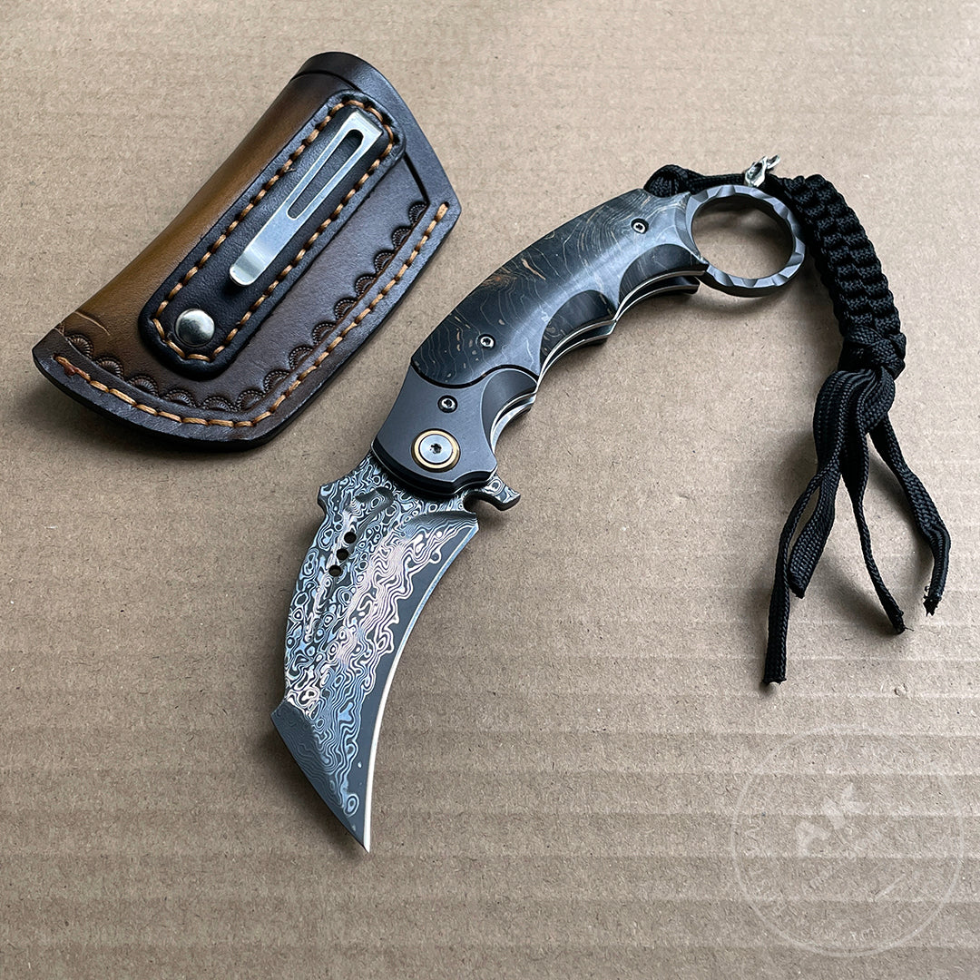 Japanese Damascus Folding Claw Knife Survival Karambit Hunting Ball Bearing with Case- AK-HT0822