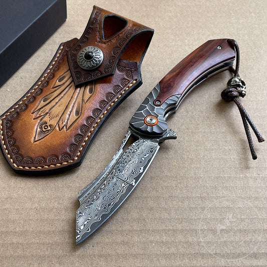 Hunting Knife Tactical Damascus Folding Knives Flipper Ball Bearings with Sheath - AK-HT0744