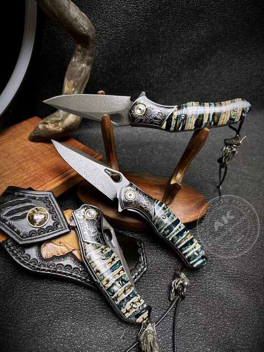Wootz Steel Folding Pocket Knife Tactical Flipper Precious Material Ball Bearing - AK-HT0415-WZ