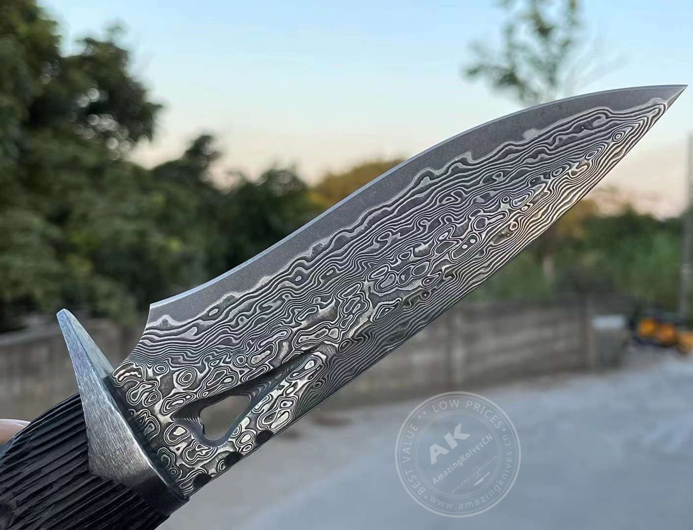 Damascus Fixed Blade Vg10 Hunting Knife Handcrafted Carved Elephant Head Black - AK-HT0828