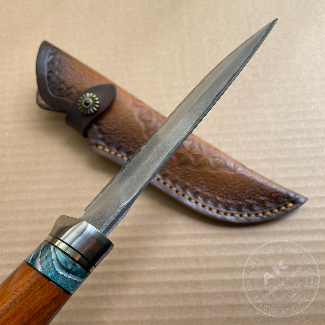 Rare Handforged Damascus Steel Ironwood Straight Hunting Outdoor Knife with Sheath- AK-HT0652