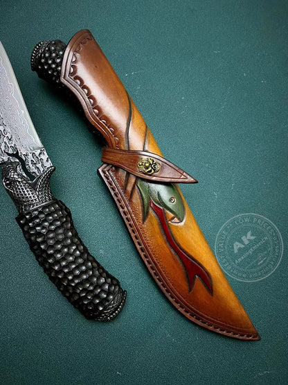 Vg10 Damascus Hunting Knife Fixed Blade Carved Snake -AK-HT0285-B