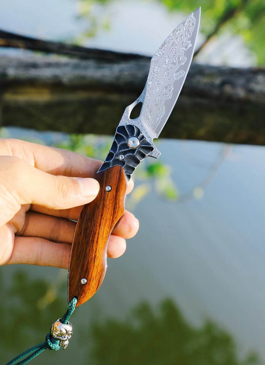 Japanese Damascus Steel Folding Knife Pocket Knives Survival w/ Sheath - AK-HT0722