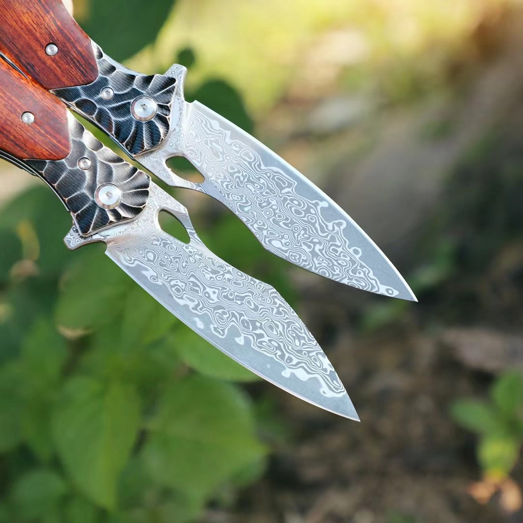 Japanese Damascus Steel Folding Knife Pocket Knives Survival w/ Sheath - AK-HT0722