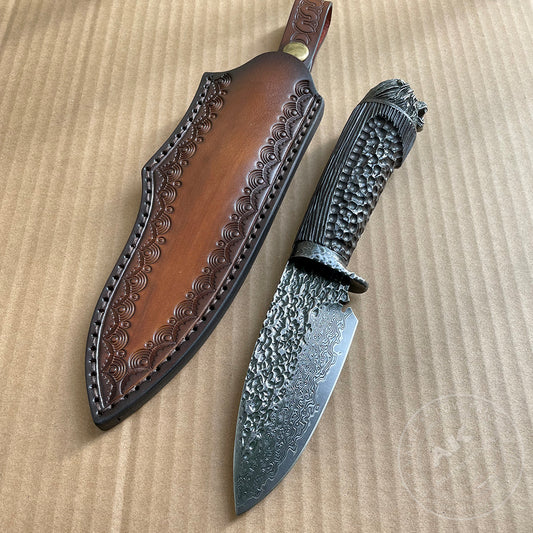 Vg10 Damascus Survival Hunting Knife Fixed Blade Ebony Black Carved Lion Head - AK-HT0614