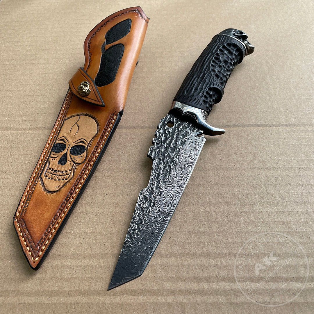 Vg10 Damascus Fixed Blade Hunting Knife Bushcraft Survival Hammered Pattern - AK-HT0761