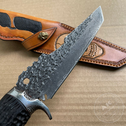 Vg10 Damascus Fixed Blade Hunting Knife Bushcraft Survival Hammered Pattern - AK-HT0761