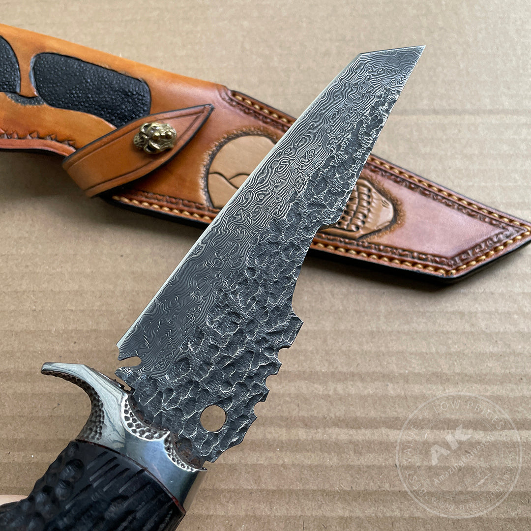 Vg10 Damascus Fixed Blade Hunting Knife Bushcraft Survival Hammered Pattern - AK-HT0761