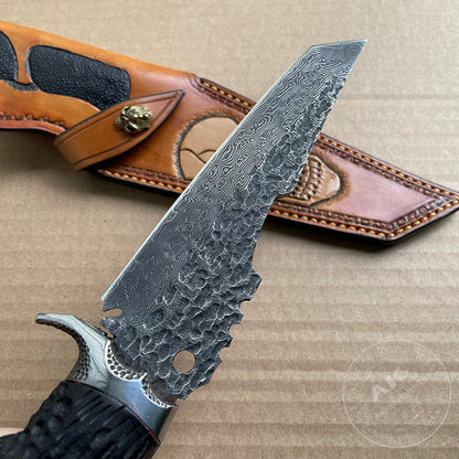 Vg10 Damascus Fixed Blade Hunting Knife Bushcraft Survival Hammered Pattern - AK-HT0761