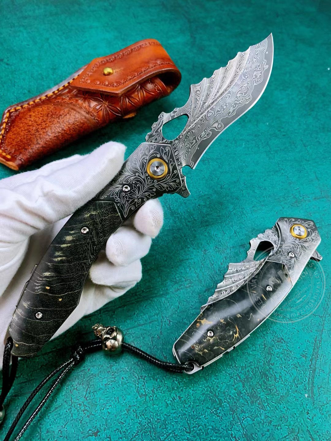 Vg10 Damascus Hunting Knife Folding Pocket Knife Wood w/ Sheath Ball Bearings- AK-HT0772