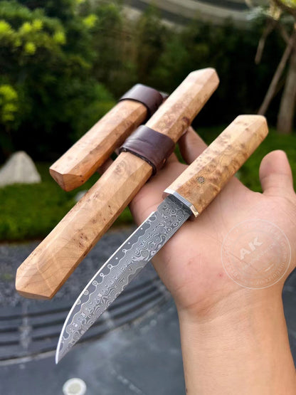 Japanese Bushido Katana Knife Damascus Steel Ninja Samurai Warrior Figured Wood-AK-HT0773