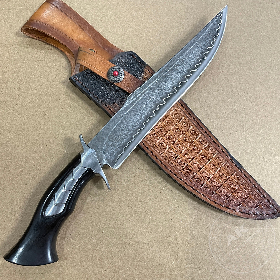 HAND FORGED DAMASCUS HUNTING KNIFE BOWIE KNIVES SURVIVAL SAN MAI - AK-HT0579