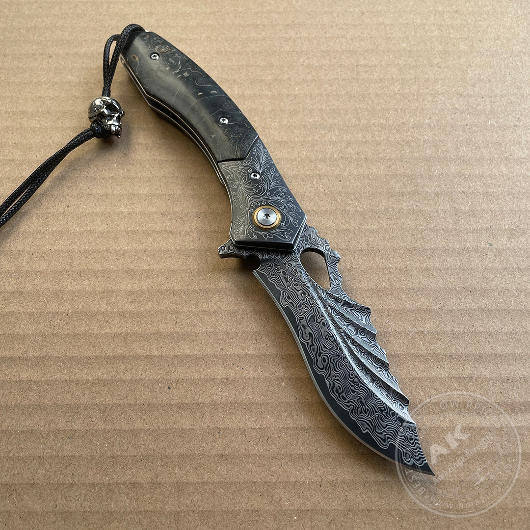Vg10 Damascus Hunting Knife Folding Pocket Knife Wood w/ Sheath Ball Bearings- AK-HT0772