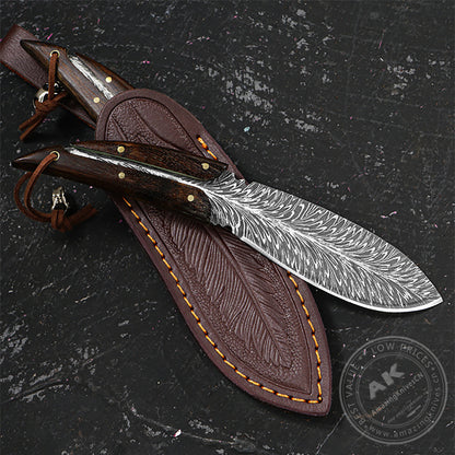 Stainless Steel Feather Pattern Knife  Survival Camping Fixed Blade Ironwood - AK-HT0715-L