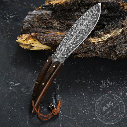 Stainless Steel Feather Pattern Knife  Survival Camping Fixed Blade Ironwood - AK-HT0715-L