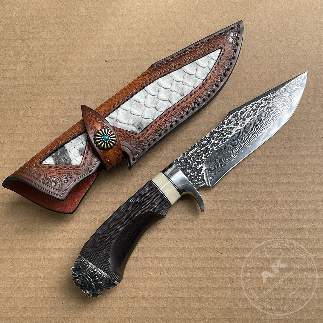 Vg10 Hunting Knife Fixed Blade Damascus Steel Handcrafted Tiger Head -AK-HT0809