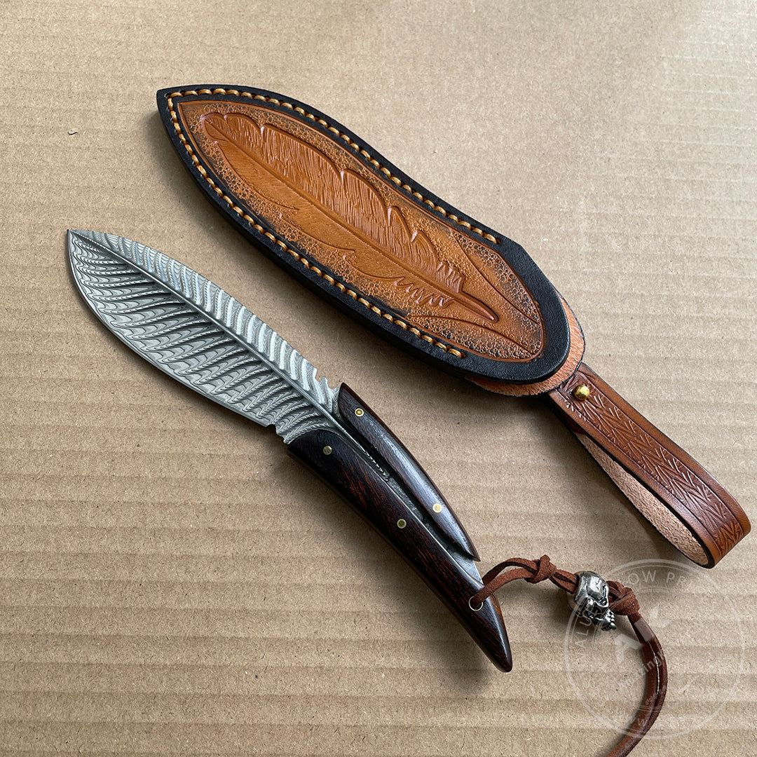 HANDCRAFTED KNIVES FIXED BLADE DAMASCUS FULL TANG BLADE FEATHER KNIFE - AK-HT0510
