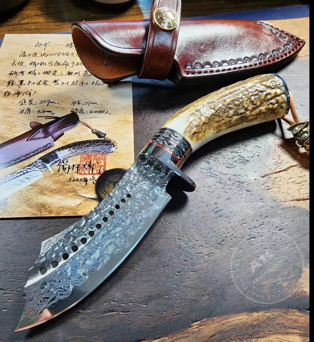 Damascus Survival Outdoor Camping Hunting Knife Fixed Blade Stag Antler Sheath - AK-HT0817