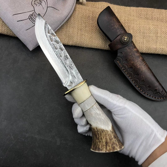 Collectible Vg10 Damascus Hunting Knife Fixed Blade Horn Stag Handle Camping w/ Sheath - AK-HT0331