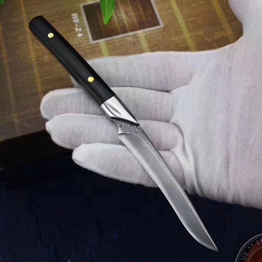Damascus Camping Hunting Knife Outdoor Utility Fixed Blade w/Sheath Ebony Wood - AK-HT0390