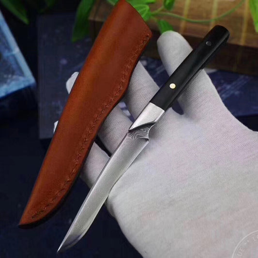 Damascus Camping Hunting Knife Outdoor Utility Fixed Blade w/Sheath Ebony Wood - AK-HT0390