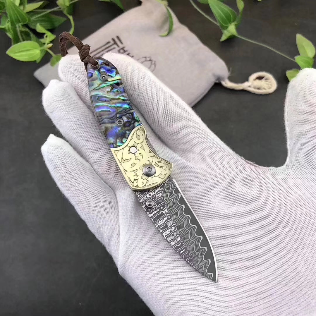Collectible Damascus Folding Knife Camping Rescue Pocket Knife Beautiful Shell-AK-HT0445