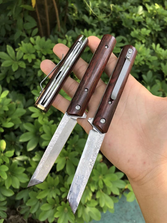 Damascus Steel Tanto Point Folding Knife Tactical Outdoor EDC Tool Flipper - AK-HT0450