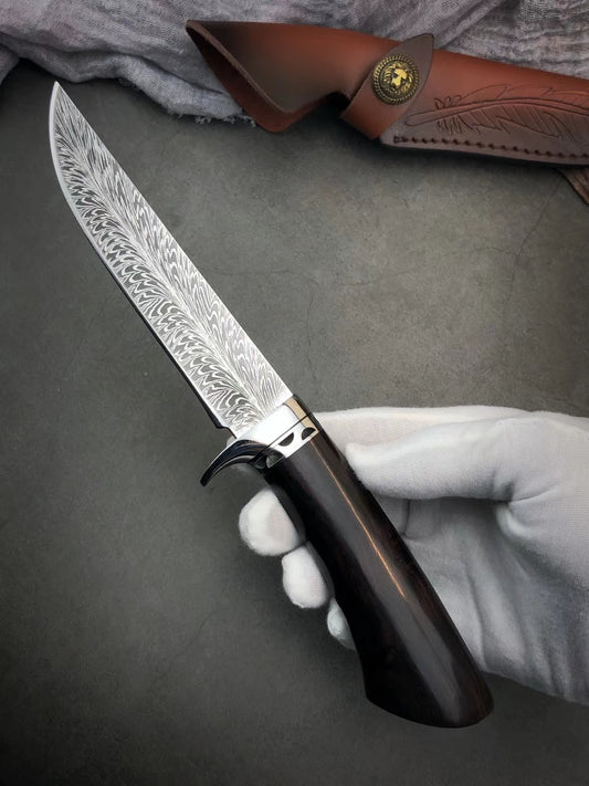 Stainless Steel Hunting Knife Feather Pattern Survival Camping Fixed Blade Bowie - AK-HT0498