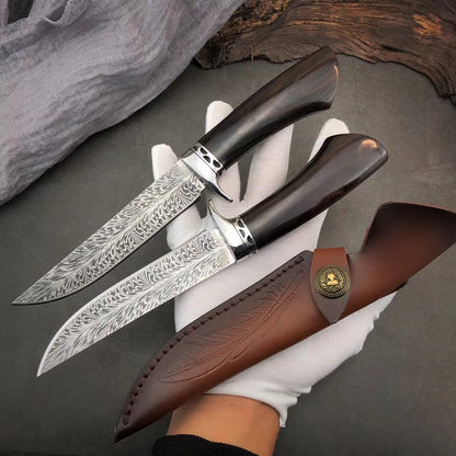 Stainless Steel Hunting Knife Feather Pattern Survival Camping Fixed Blade Bowie - AK-HT0498
