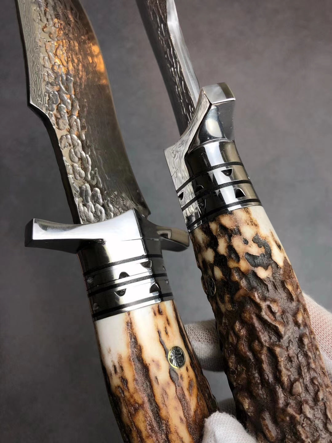 Damascus Survival Outdoor Camping Hunting Knife Fixed Blade Stag Antler Sheath - AK-HT0307