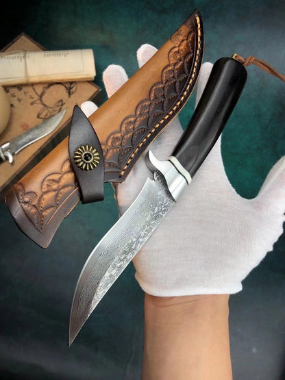VG10 Damascus Hunting Knife Handcrafted Survival Bowie Fixed Blade Ebony Handle - AK-HT0492