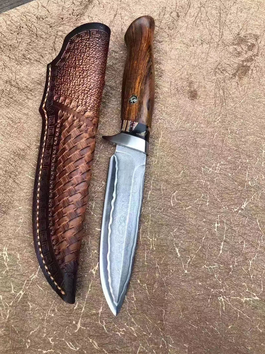 Rare Handforged Damascus Steel Ironwood Straight Hunting Outdoor Knife with Sheath- AK-HT0652