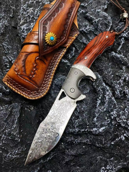 VG 10 Steel Damascus Folding Knife w/ Sheath Assist Flipper Knife Wood - AK-HT0578