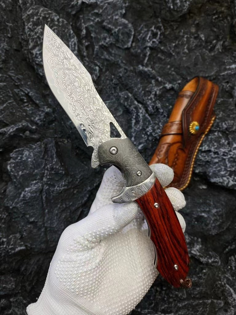 VG 10 Steel Damascus Folding Knife w/ Sheath Assist Flipper Knife Wood - AK-HT0578