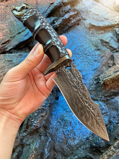 Damascus Fixed Blade VG10 Steel Hunting Knife Art Handcrafted Ebony Black Tyrannosaurus rex - AK-HT0662