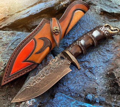 Damascus Fixed Blade VG10 Steel Hunting Knife Art Handcrafted Ebony Black Tyrannosaurus rex - AK-HT0662