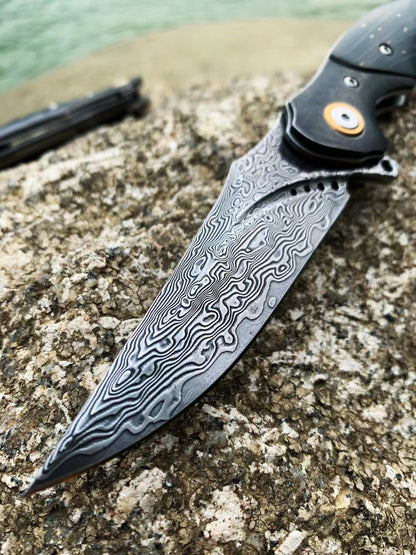 VG10 Damascus Folding Knife Pocket Knife Black Ball Bearing - AK-HT0692