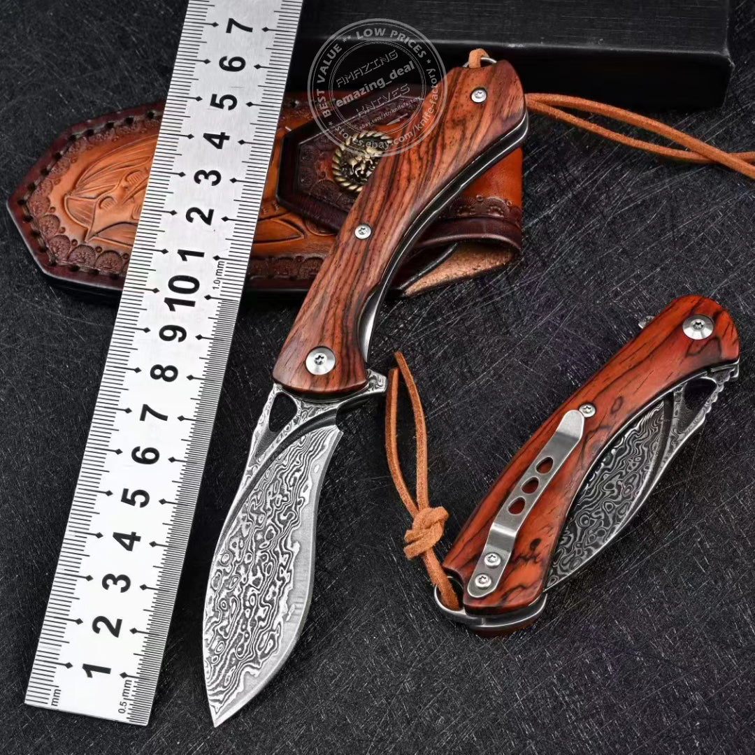 Japanese VG10 Damascus Folding Knife Blood Grooved Camping Rescue Pocket Sheath -AK-HT0694