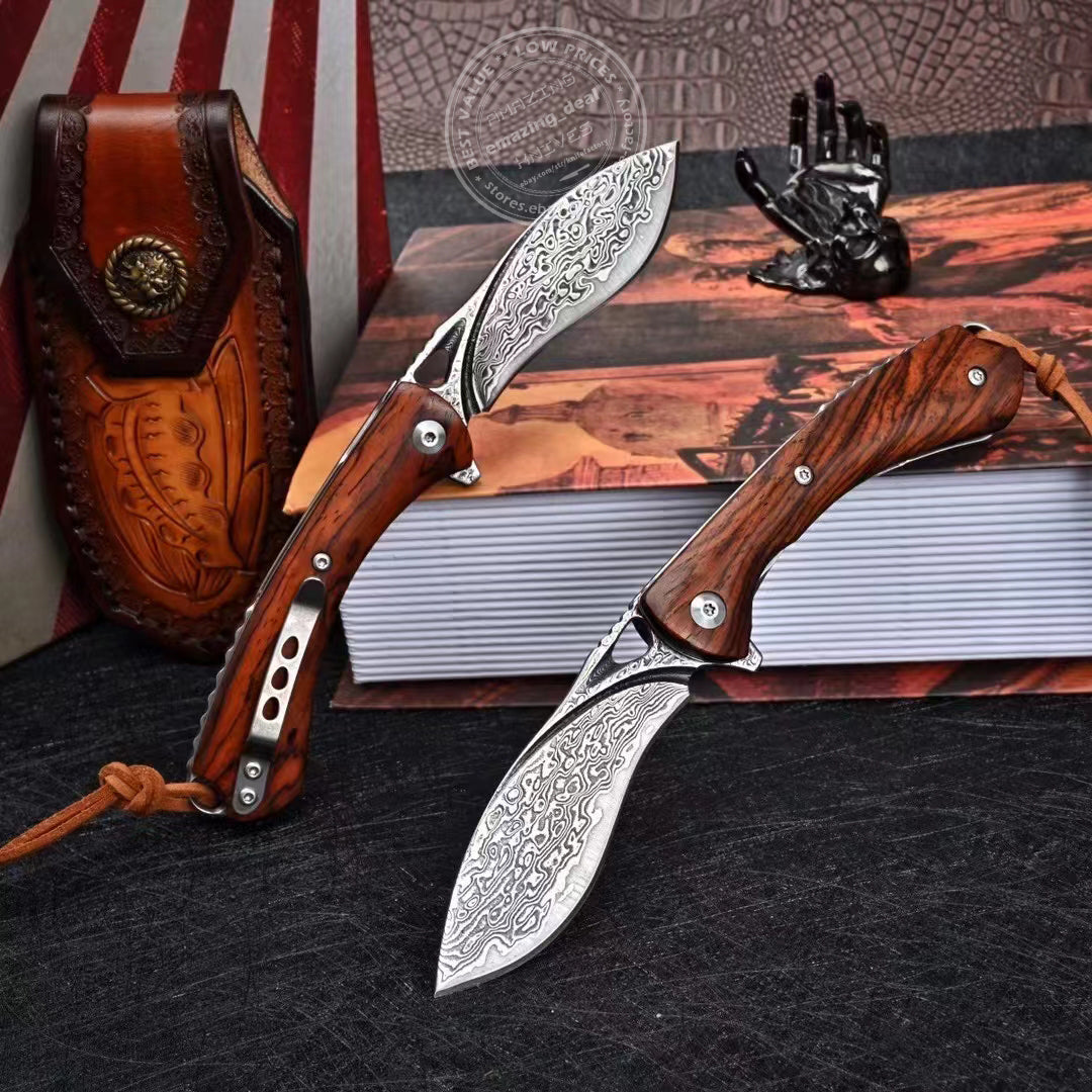 Japanese VG10 Damascus Folding Knife Blood Grooved Camping Rescue Pocket Sheath -AK-HT0694